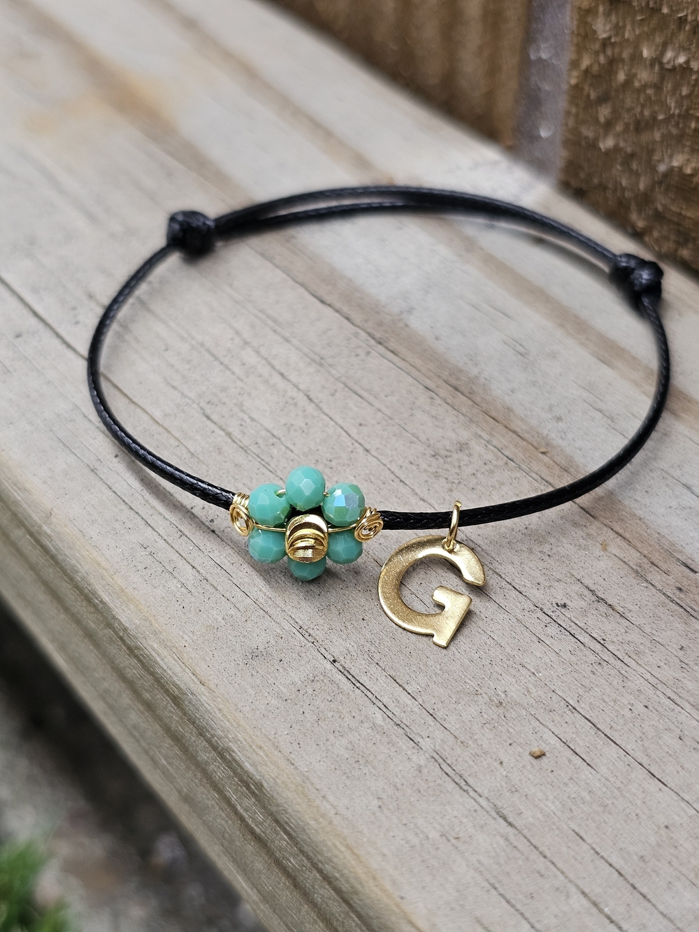 Gold Initial 'G' Bead Charm Bracelet in Turquoise